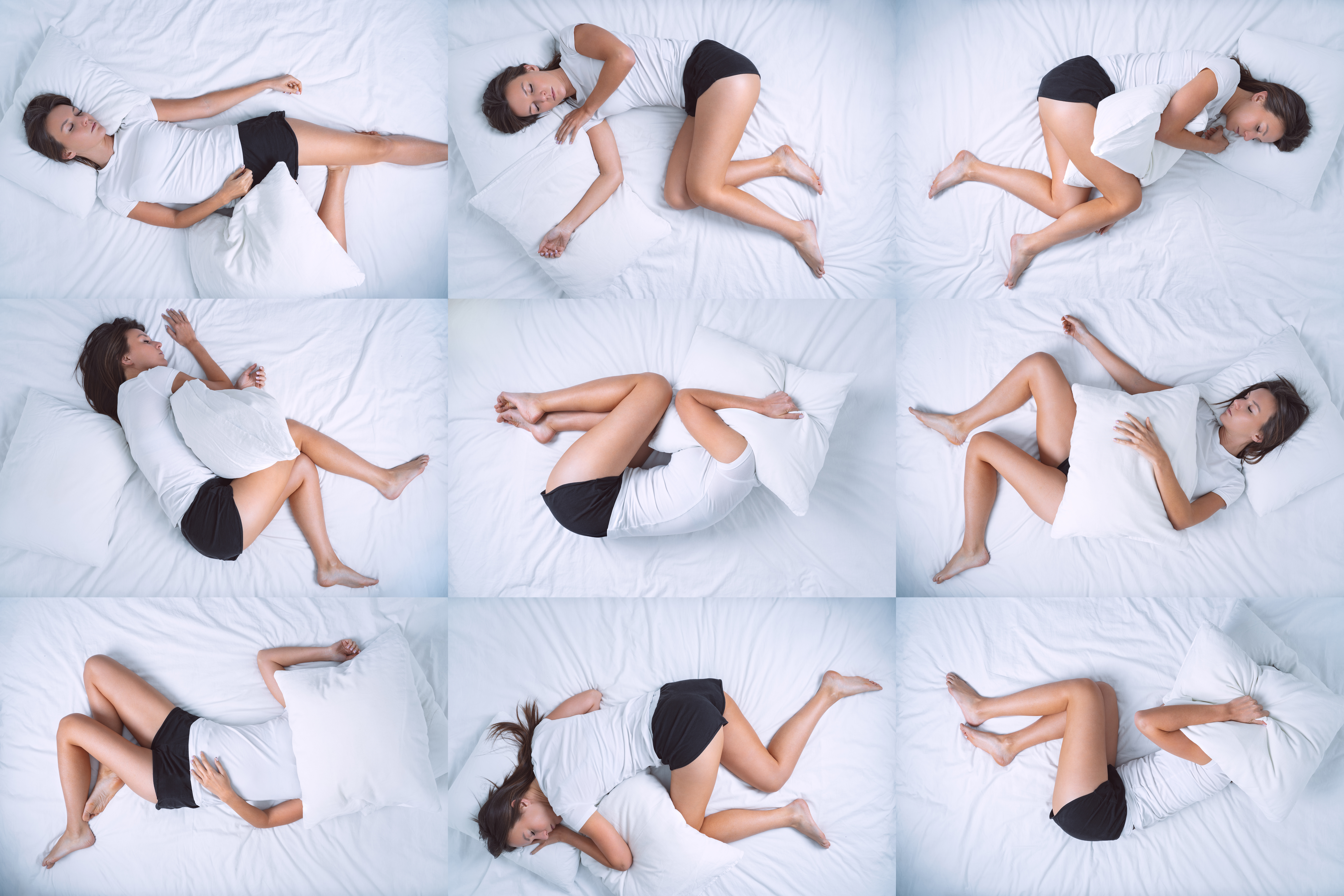 Top view of woman in different sleep positions. Tossing and turning at night. Insomnia, sleeping problems or sleep disorders